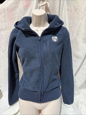 AE Y2K Women's Navy Sherpa Zip-Up Hoodie Jacket with Crest Patch